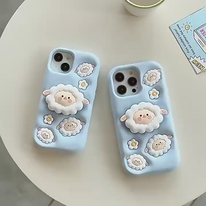 3D Cartoon Sheep Flock Case Funda Cotton Candy Cloud Pop Back Case with Holder