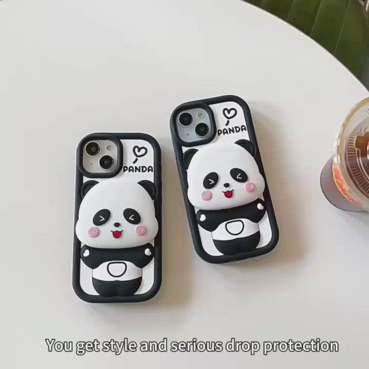 3D Cartoon Cute Panda Silicon Shockproof 360° Protection Case with Mirror Stand