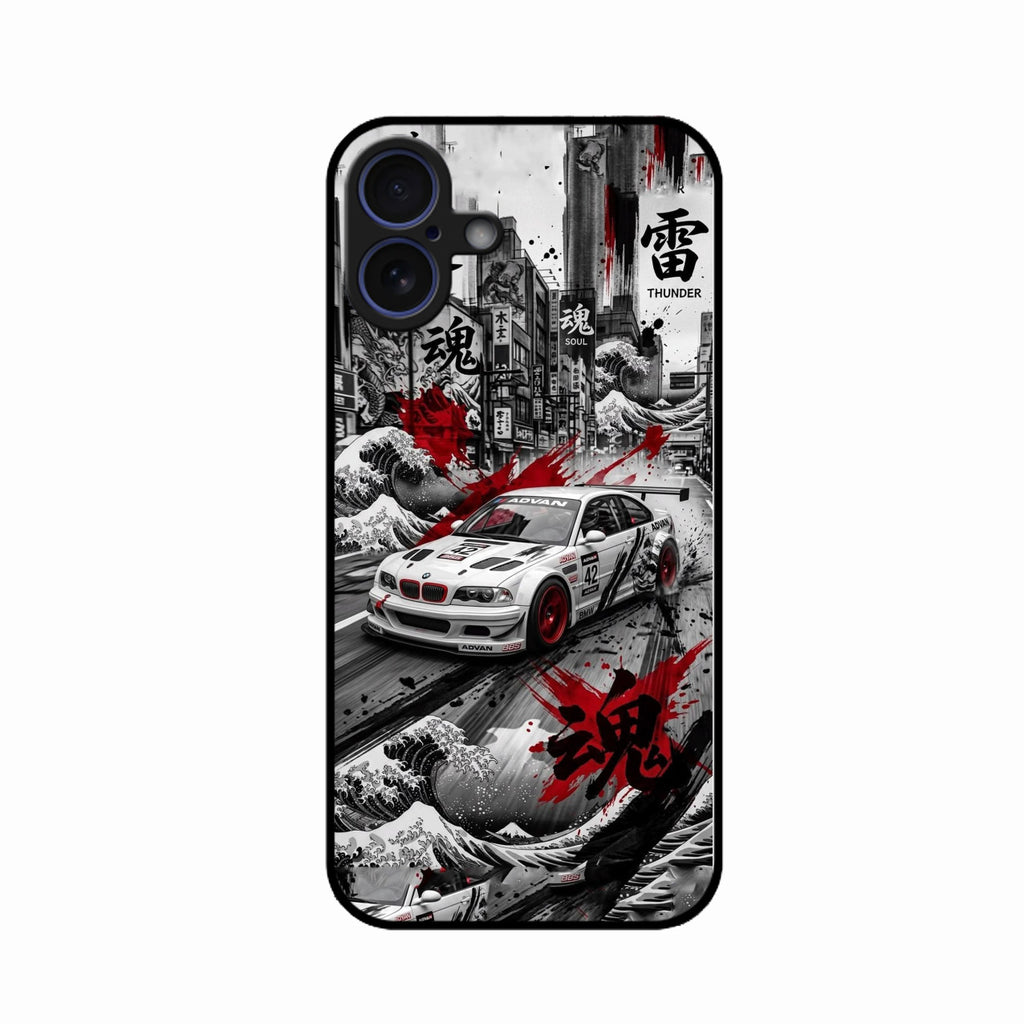 Japanese Wave Drift Racing Premium Glass Phone Case for iPhone 16 Plus