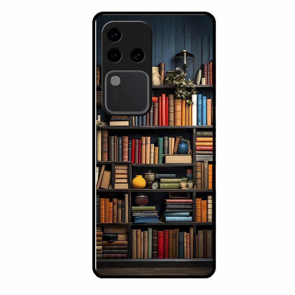 Colorful Bookshelf Art Glass Case Cover for Vivo V30 Pro 5G