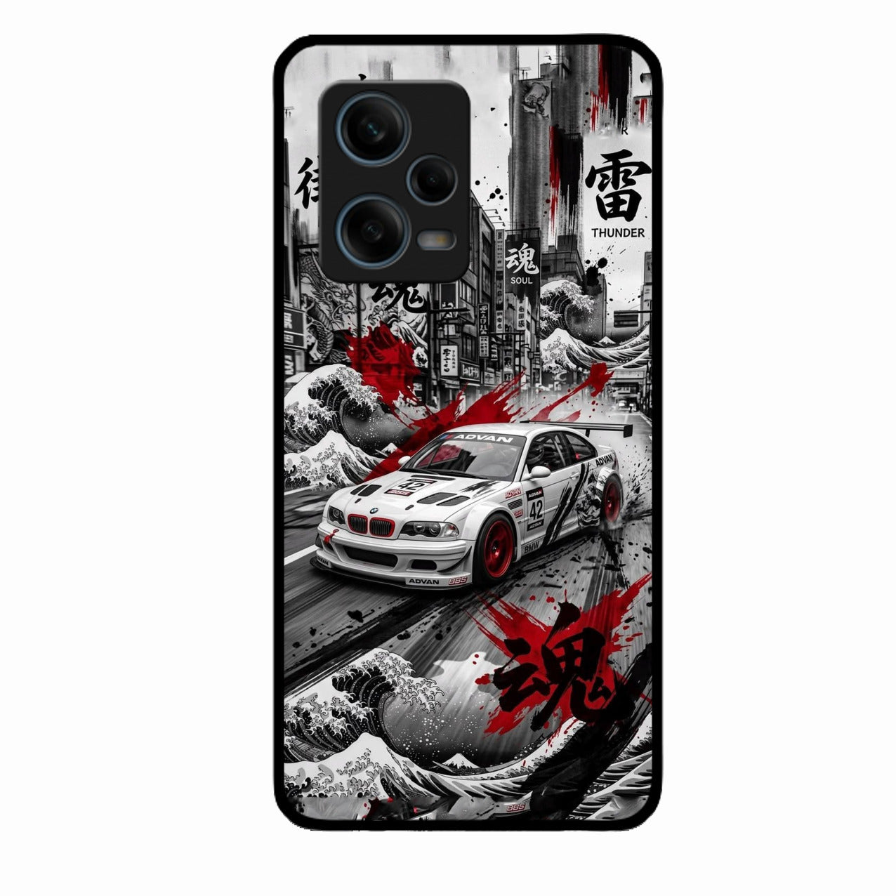 Japanese Wave Drift Racing Premium Glass Phone Case for Redmi Note 12 Pro 5G