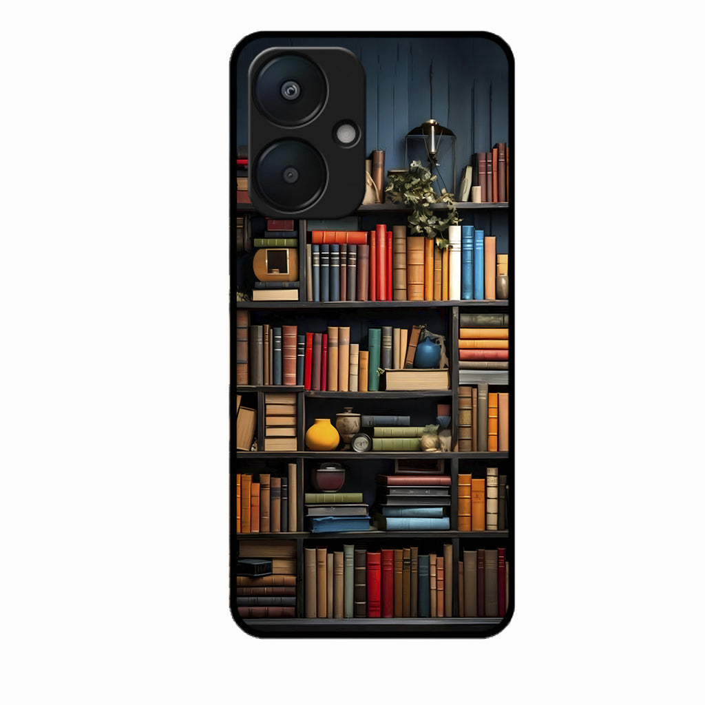 Colorful Bookshelf Art Glass Case Cover for Redmi 13C 5G