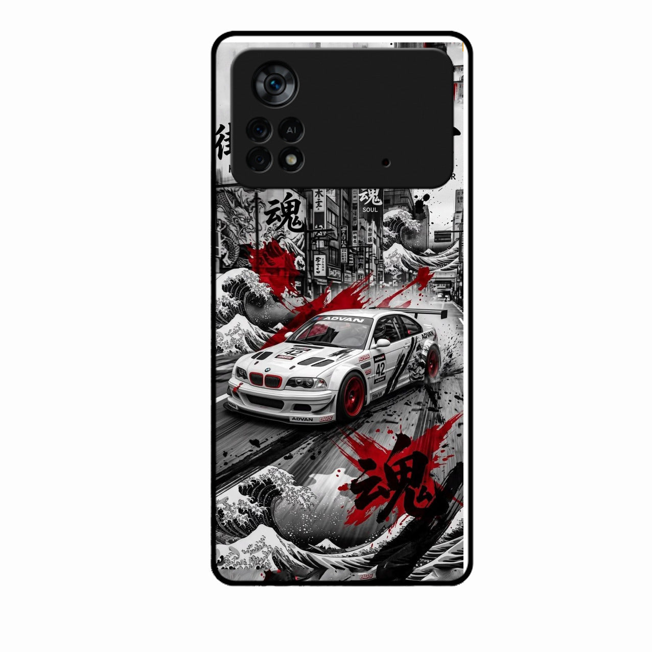 Japanese Wave Drift Racing Premium Glass Phone Case for Poco X4 Pro 5G