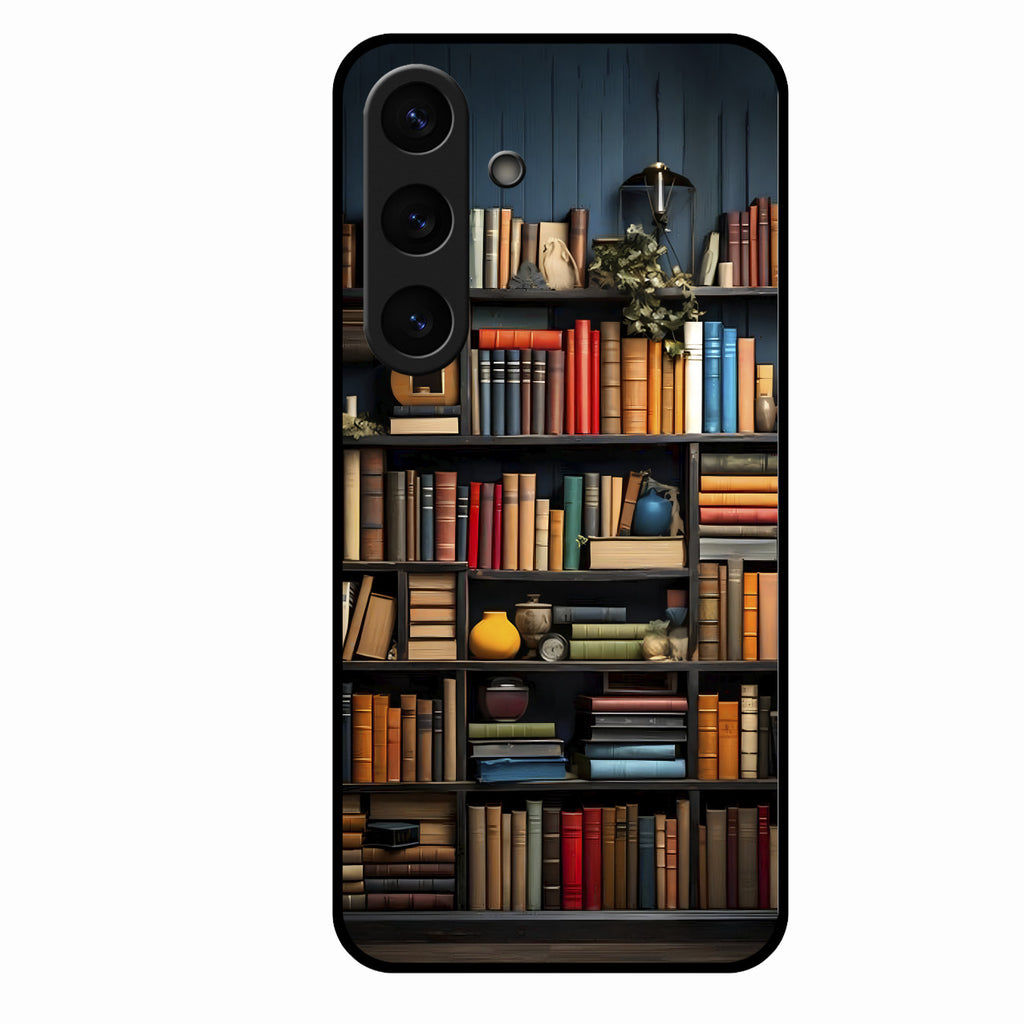 Colorful Bookshelf Art Glass Case Cover for Samsung Galaxy S25 Plus 5G