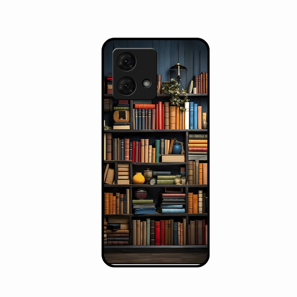 Colorful Bookshelf Art Glass Case Cover for Motorola G84 5G