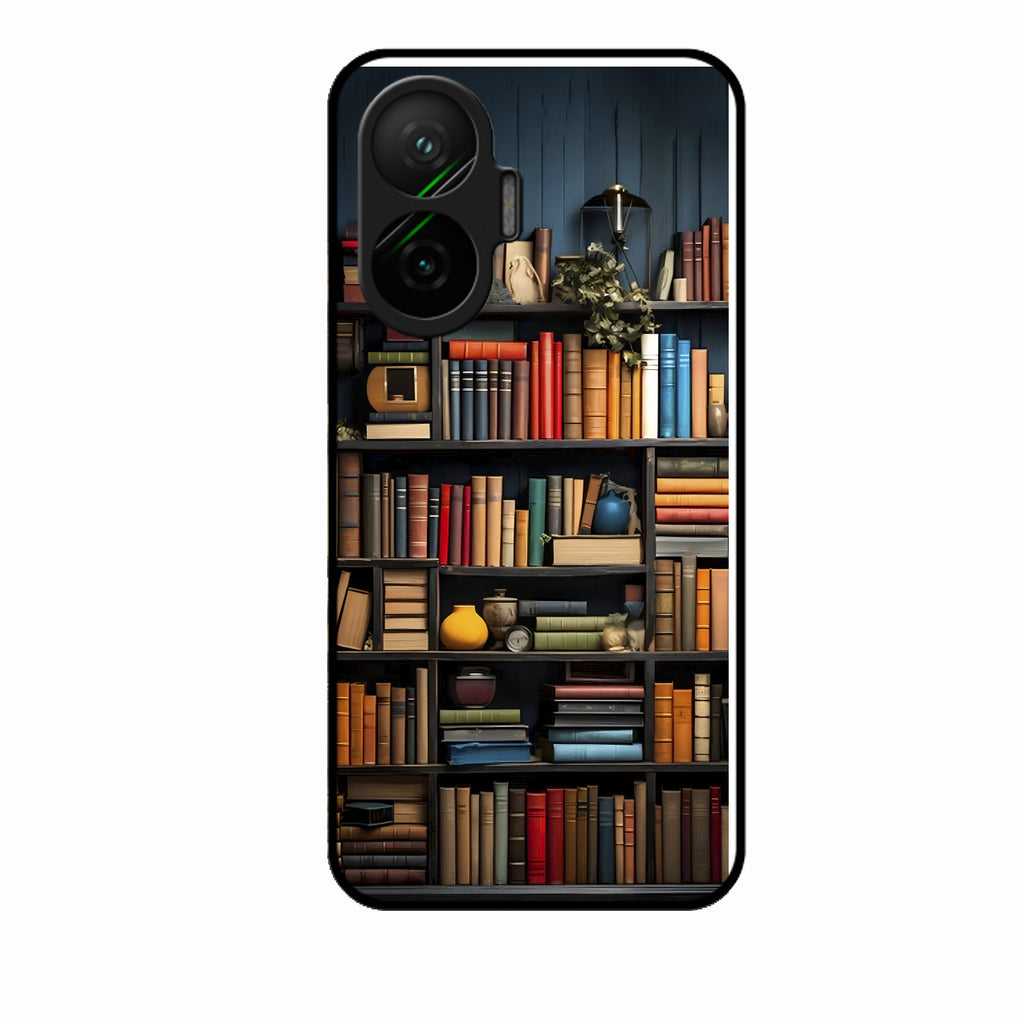 Colorful Bookshelf Art Glass Case Cover for Poco F7 5G
