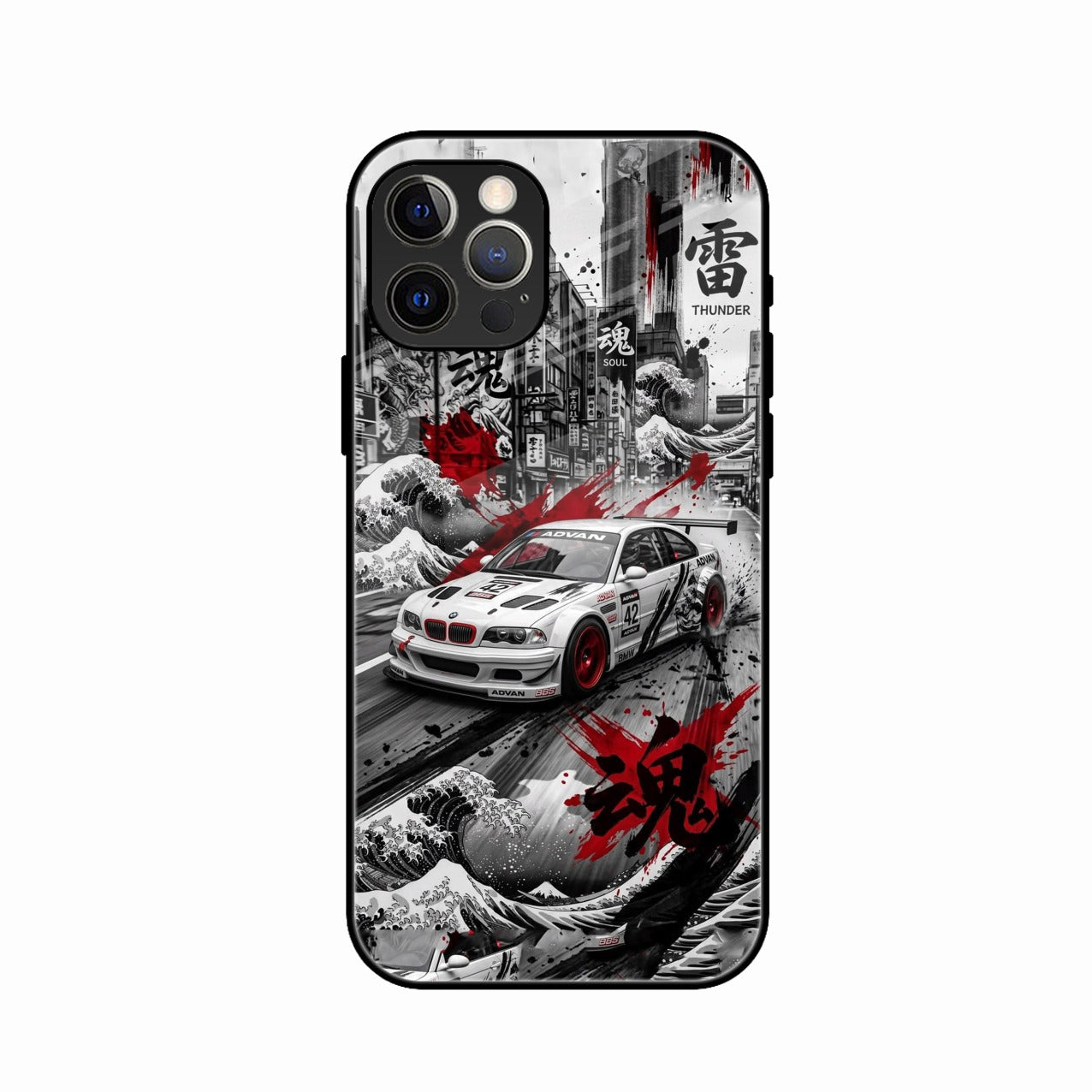 Japanese Wave Drift Racing Premium Glass Phone Case for iPhone 15 Pro