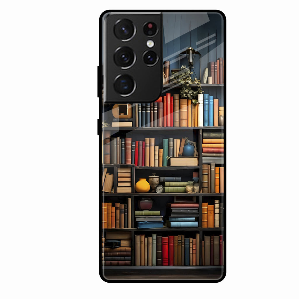 Colorful Bookshelf Art Glass Case Cover for Samsung Galaxy S22 Ultra 5G