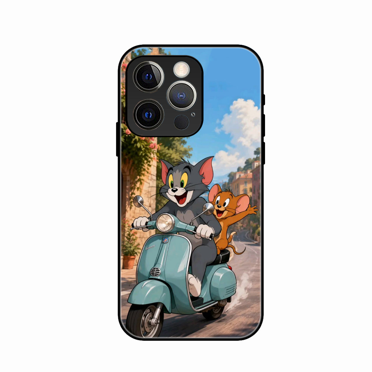 Cartoon Scooter Adventure Premium Glass Phone Case for iPhone 14 Pro Max