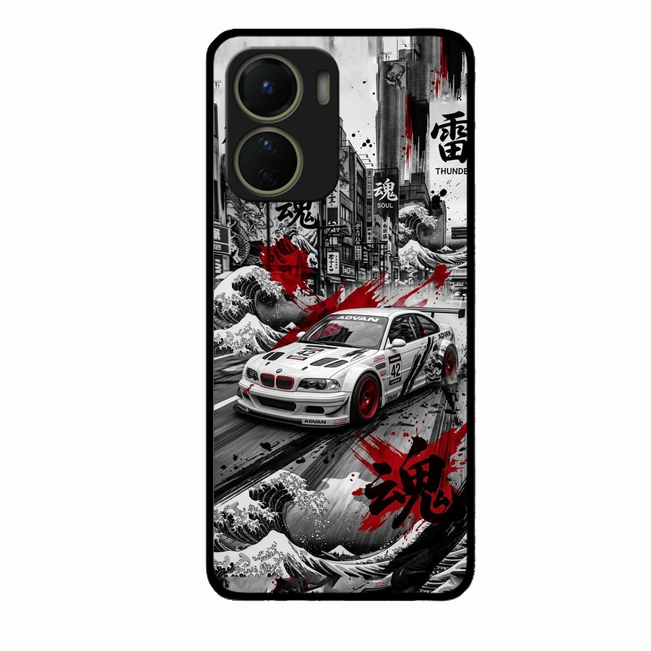 Japanese Wave Drift Racing Premium Glass Phone Case for Vivo T2X 5G