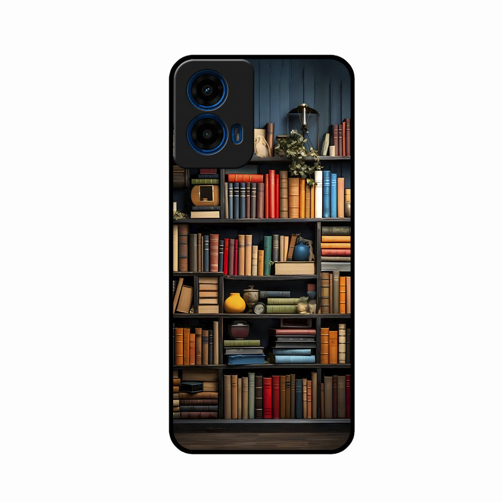 Colorful Bookshelf Art Glass Case Cover for Motorola G45 5G