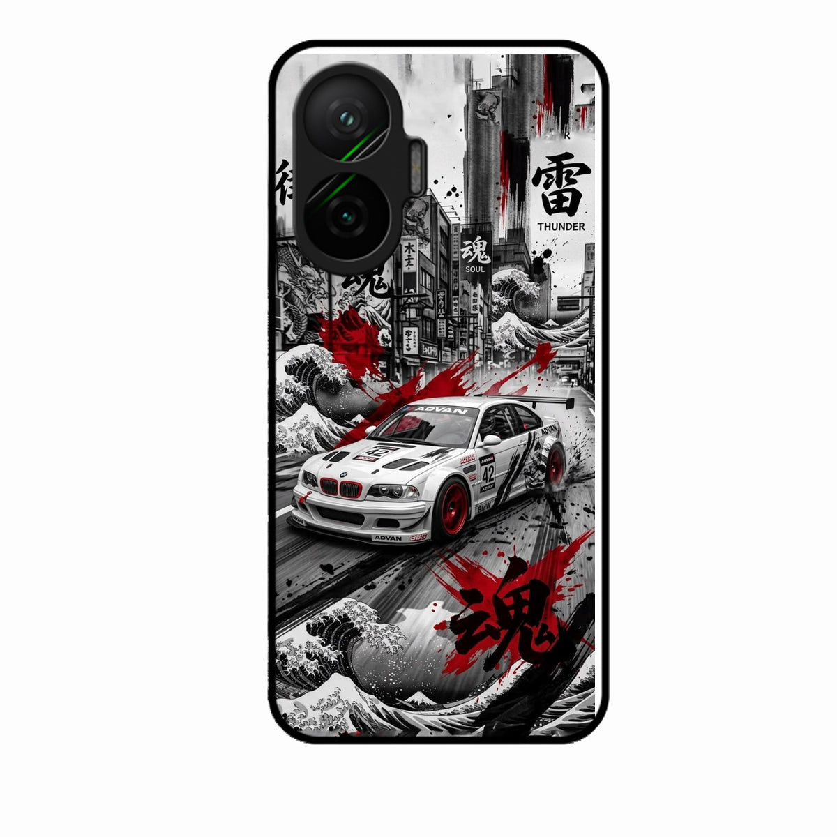 Japanese Wave Drift Racing Premium Glass Phone Case for Poco F7 5G