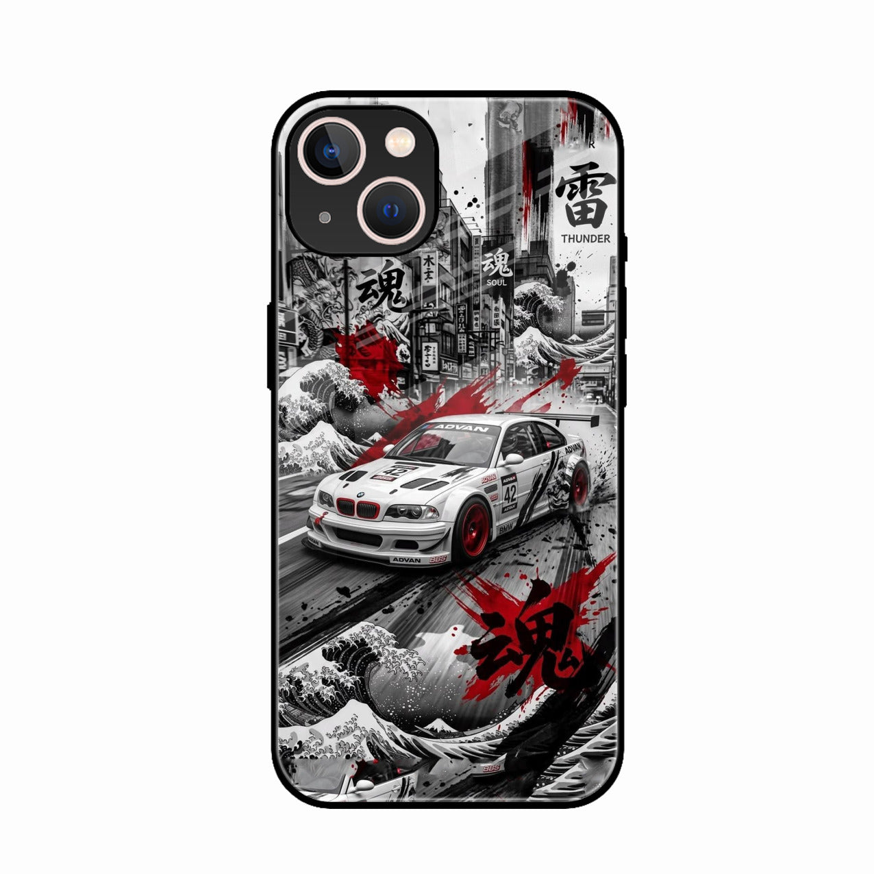 Japanese Wave Drift Racing Premium Glass Phone Case for iPhone 15