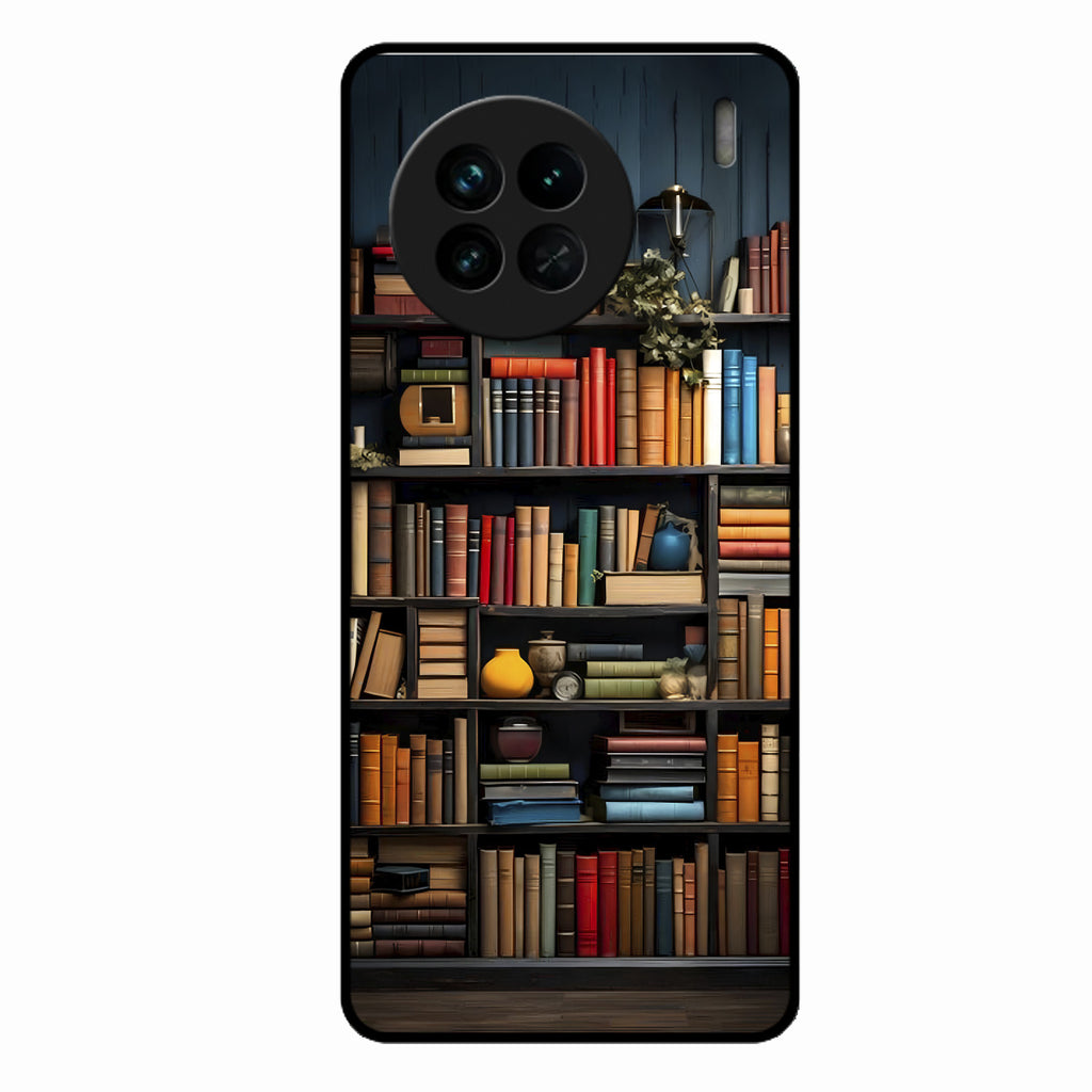 Colorful Bookshelf Art Glass Case Cover for Vivo X90 5G