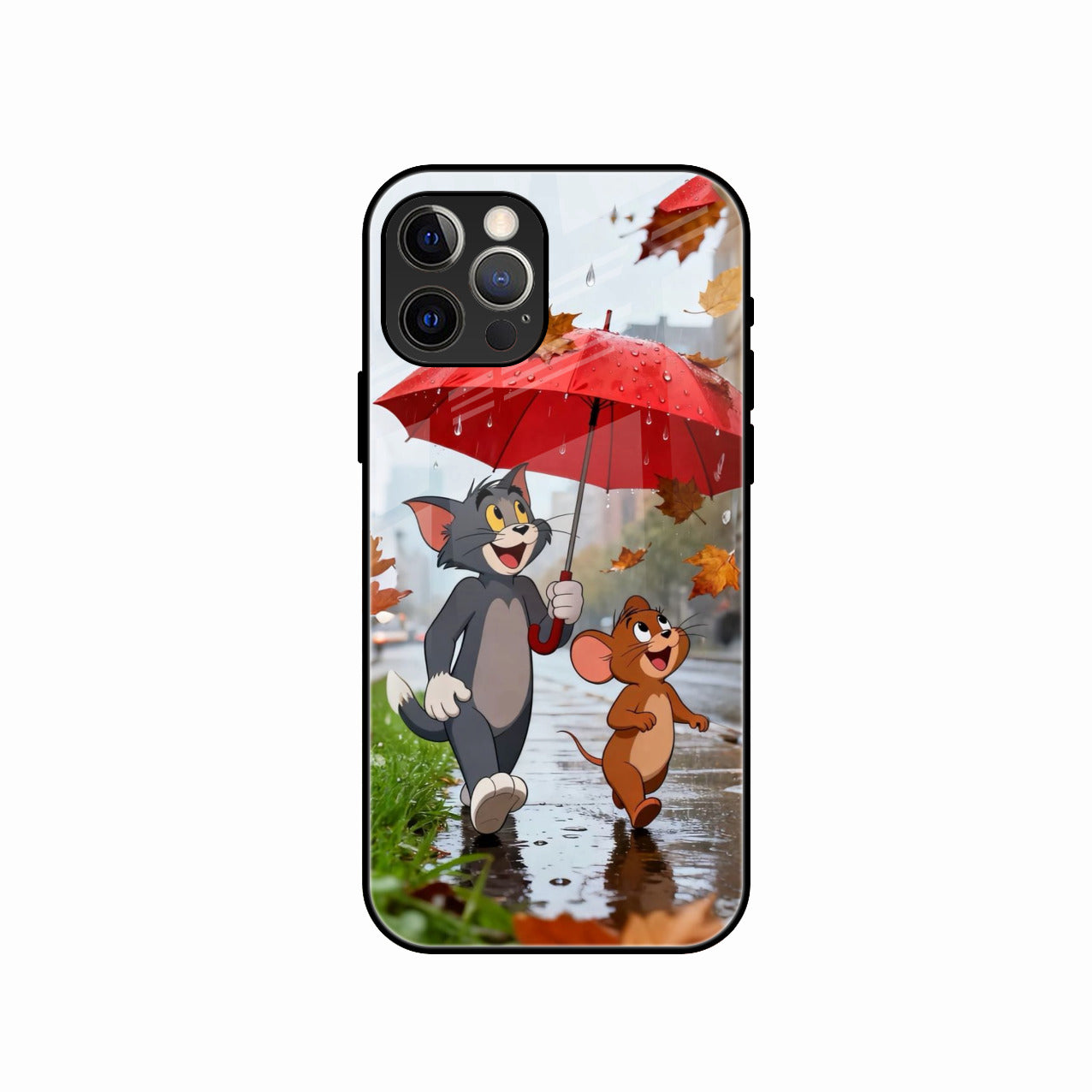 Rainy Day Cartoon Glass Phone Case for iPhone 15 Pro Max