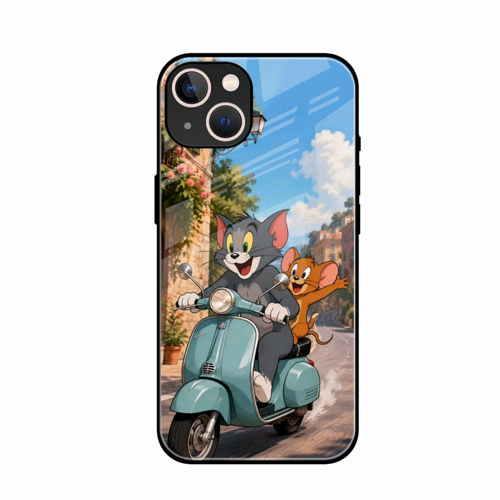 Cartoon Scooter Adventure Premium Glass Phone Case for iPhone 14 Plus