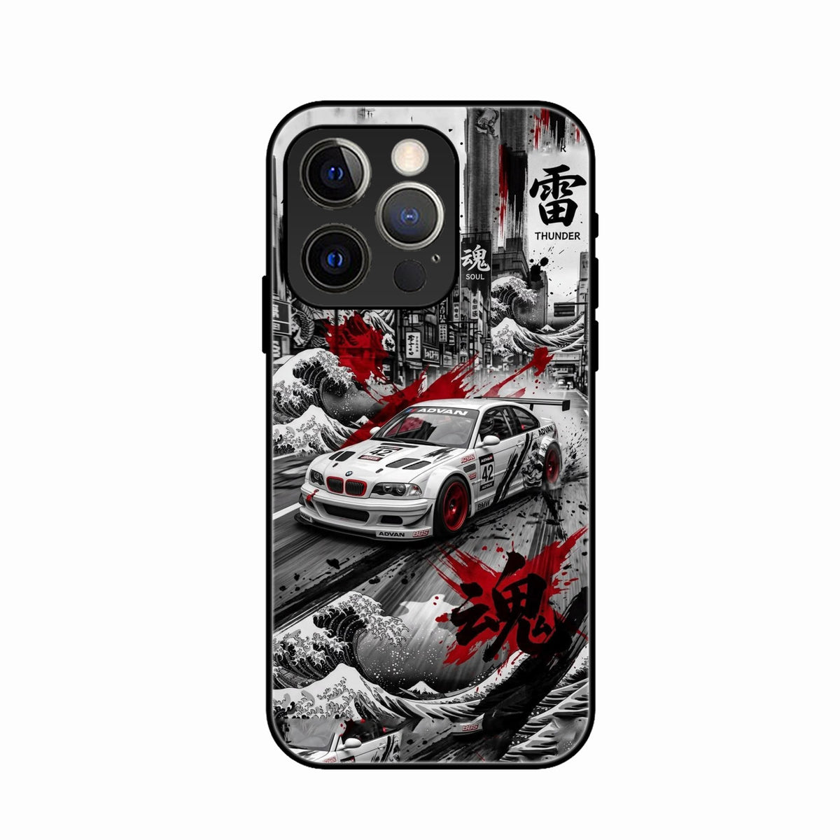 Japanese Wave Drift Racing Premium Glass Phone Case for iPhone 14 Pro Max