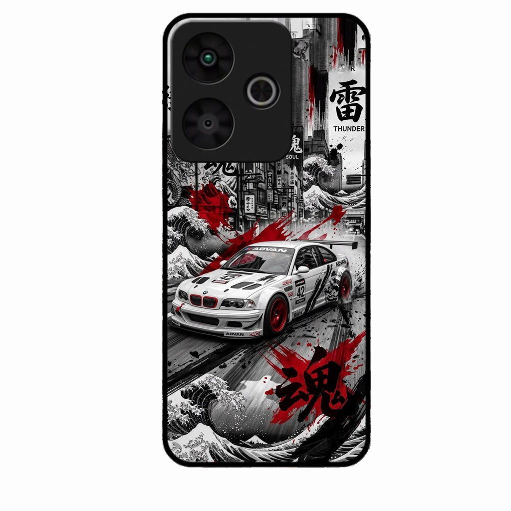 Japanese Wave Drift Racing Premium Glass Phone Case for Redmi 13 5G