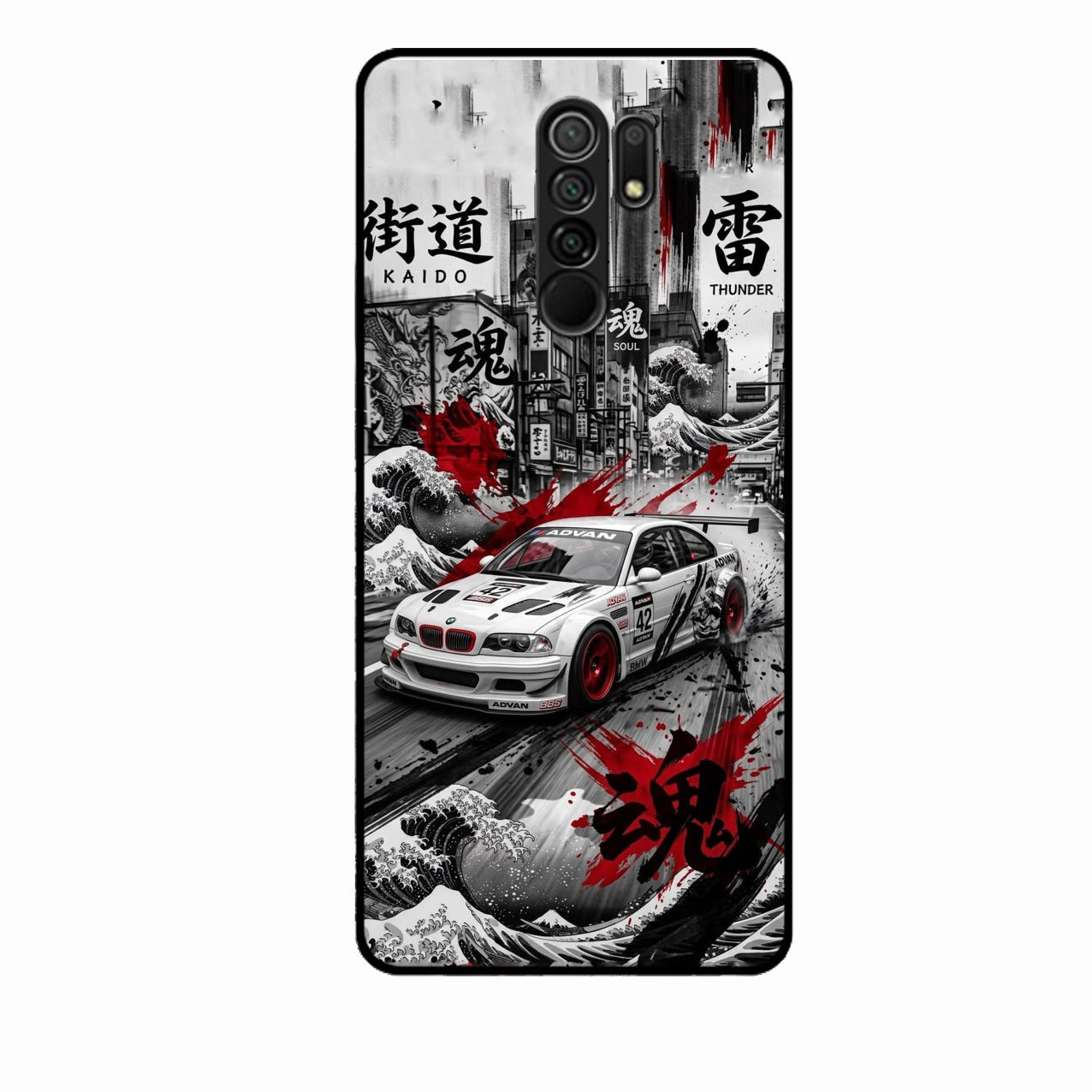 Japanese Wave Drift Racing Premium Glass Phone Case for Redmi 9 Prime