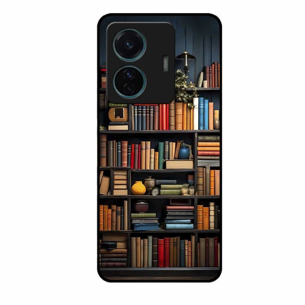Colorful Bookshelf Art Glass Case Cover for Vivo T1 Pro 5G