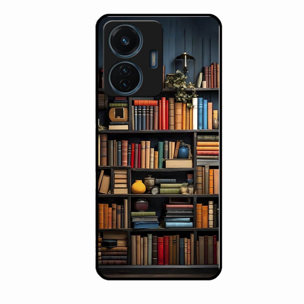 Colorful Bookshelf Art Glass Case Cover for Vivo T1 44W 4G
