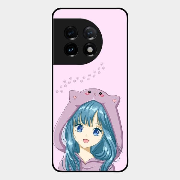 Purple Aesthetic Girl With Cat Phone Glass Case Cover For Oneplus 11 5G
