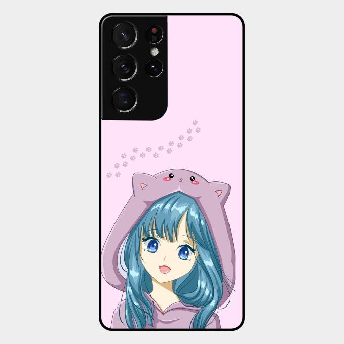 Purple Aesthetic Girl With Cat Phone Glass Case Cover For Samsung Galaxy S21 Ultra