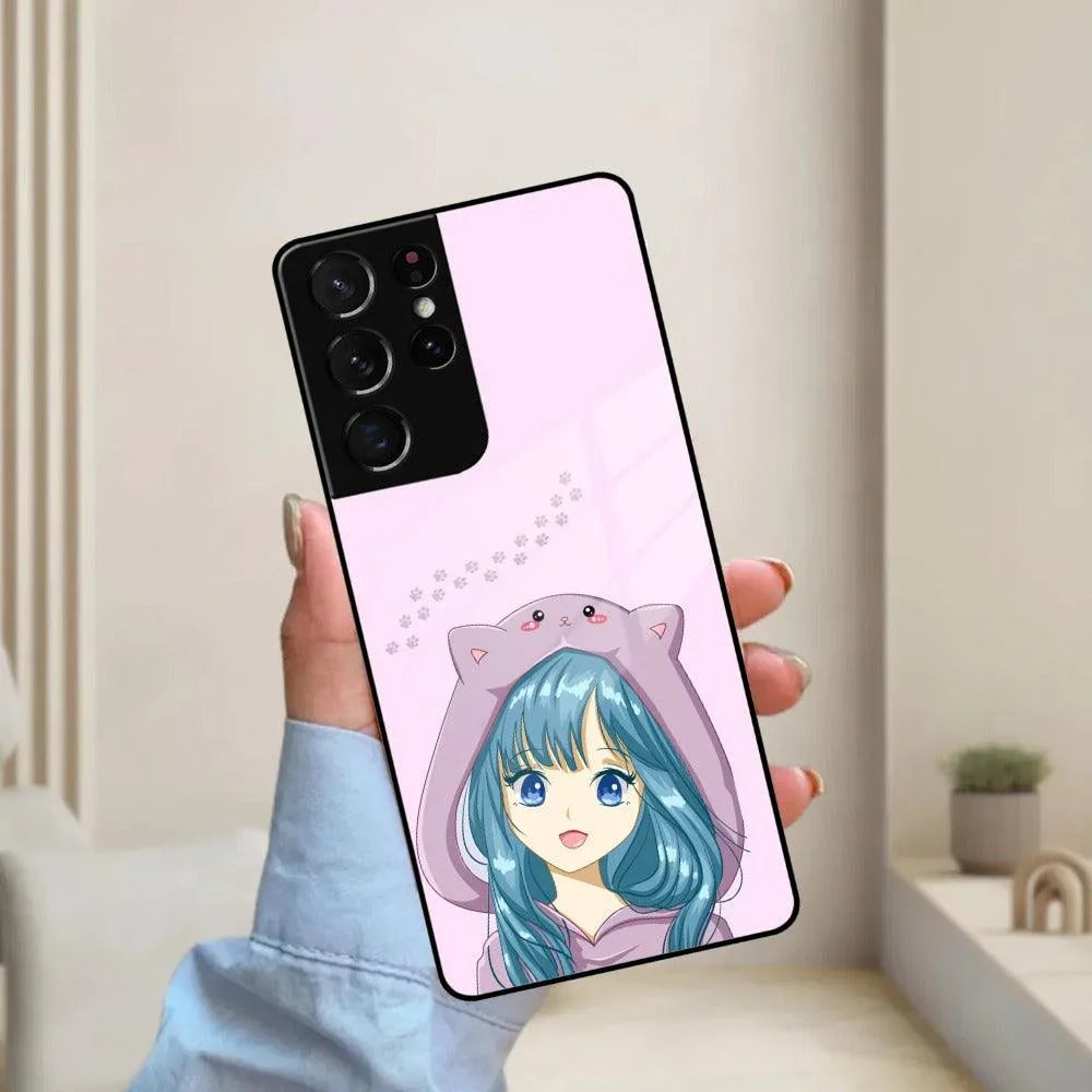 Purple Aesthetic Girl With Cat Phone Glass Case Cover For Samsung - ShopOnCliQ