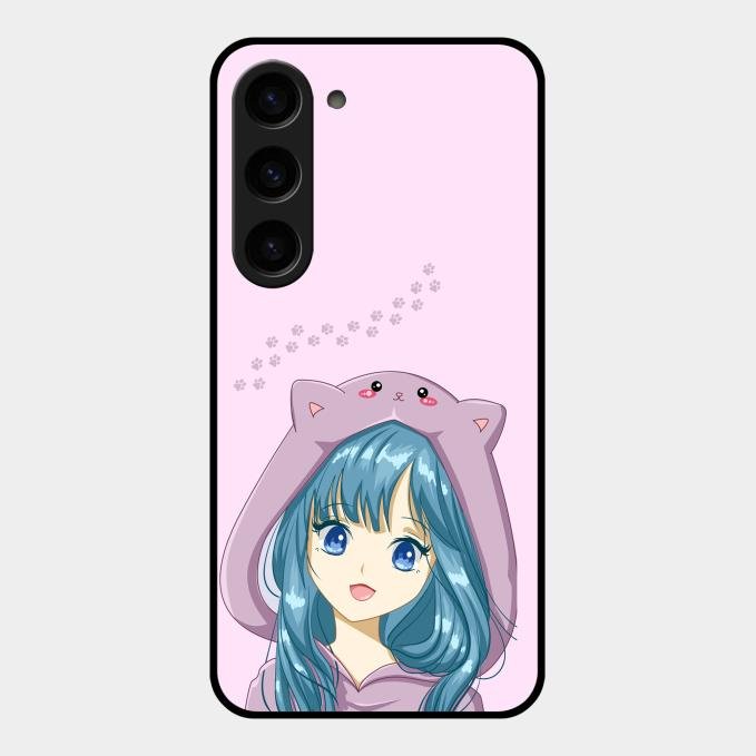 Purple Aesthetic Girl With Cat Phone Glass Case Cover For Samsung Galaxy S23 5G