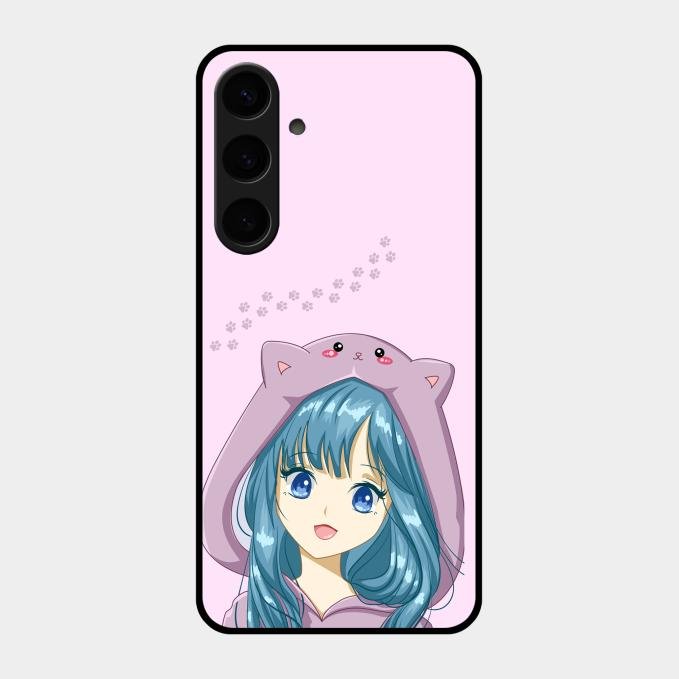 Purple Aesthetic Girl With Cat Phone Glass Case Cover For Samsung Galaxy S24 Plus 5G