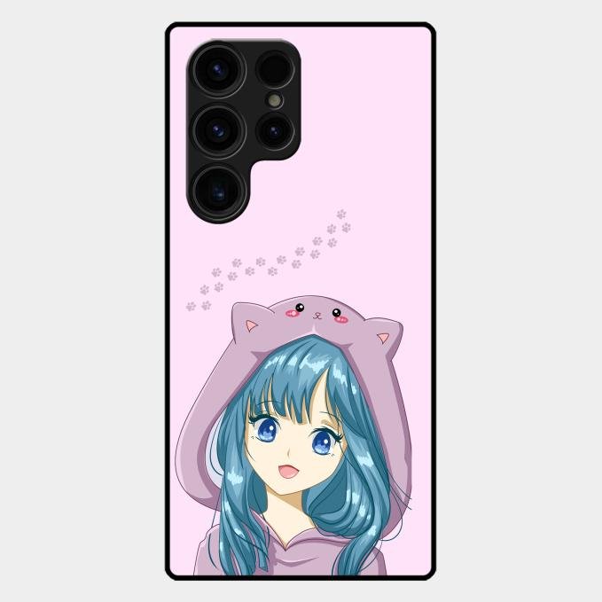 Purple Aesthetic Girl With Cat Phone Glass Case Cover For Samsung Galaxy S24 Ultra 5G