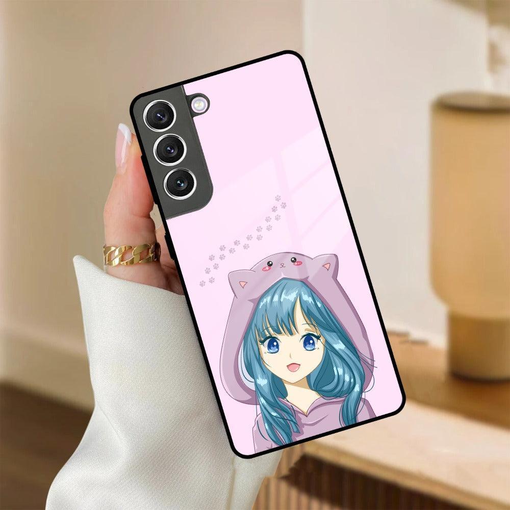 Purple Aesthetic Girl With Cat Phone Glass Case Cover For Samsung - ShopOnCliQ