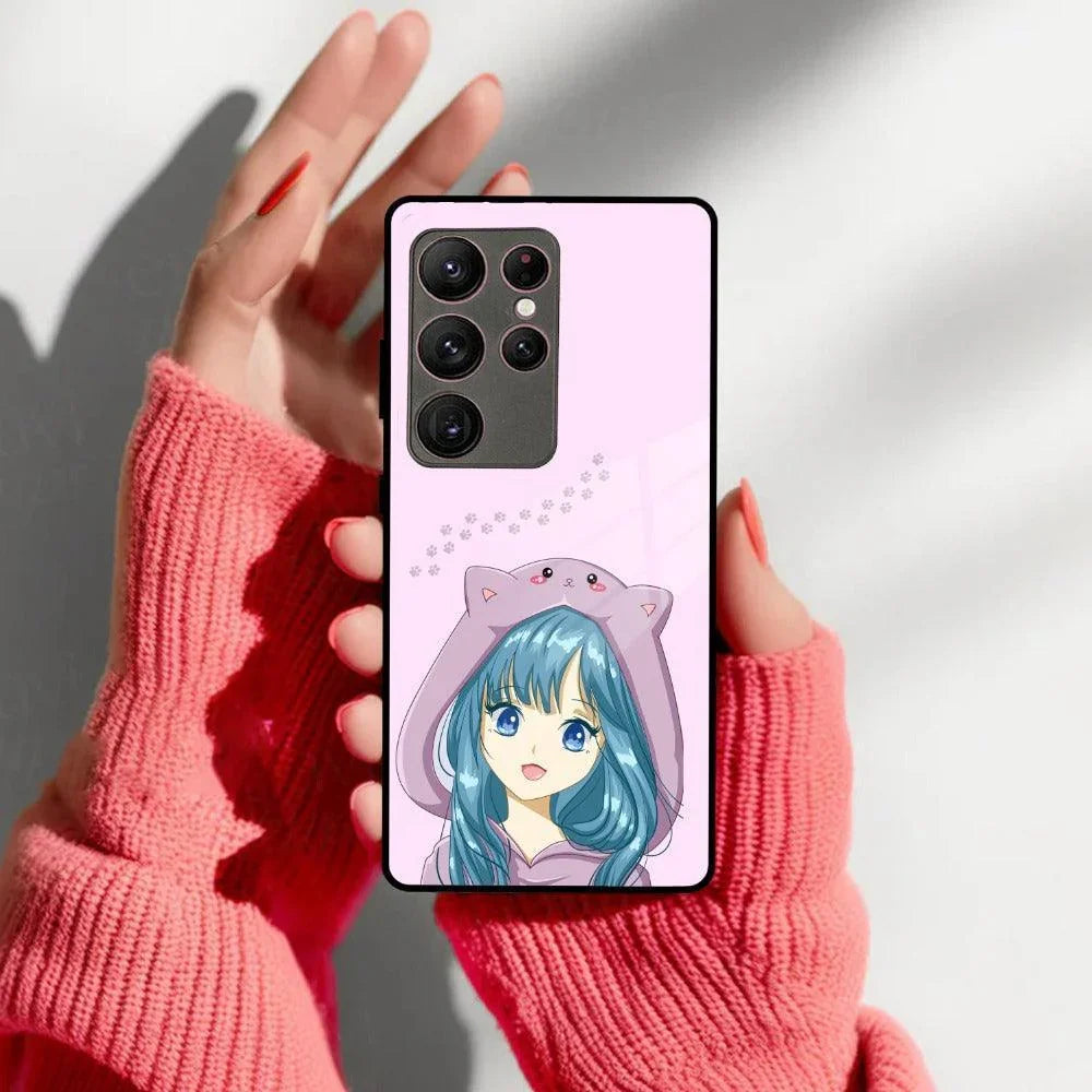 Purple Aesthetic Girl With Cat Phone Glass Case Cover For Samsung - ShopOnCliQ