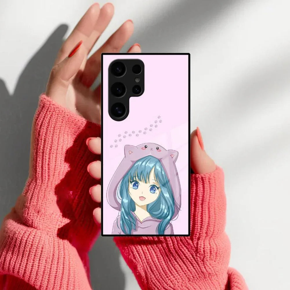Purple Aesthetic Girl With Cat Phone Glass Case Cover For Samsung - ShopOnCliQ