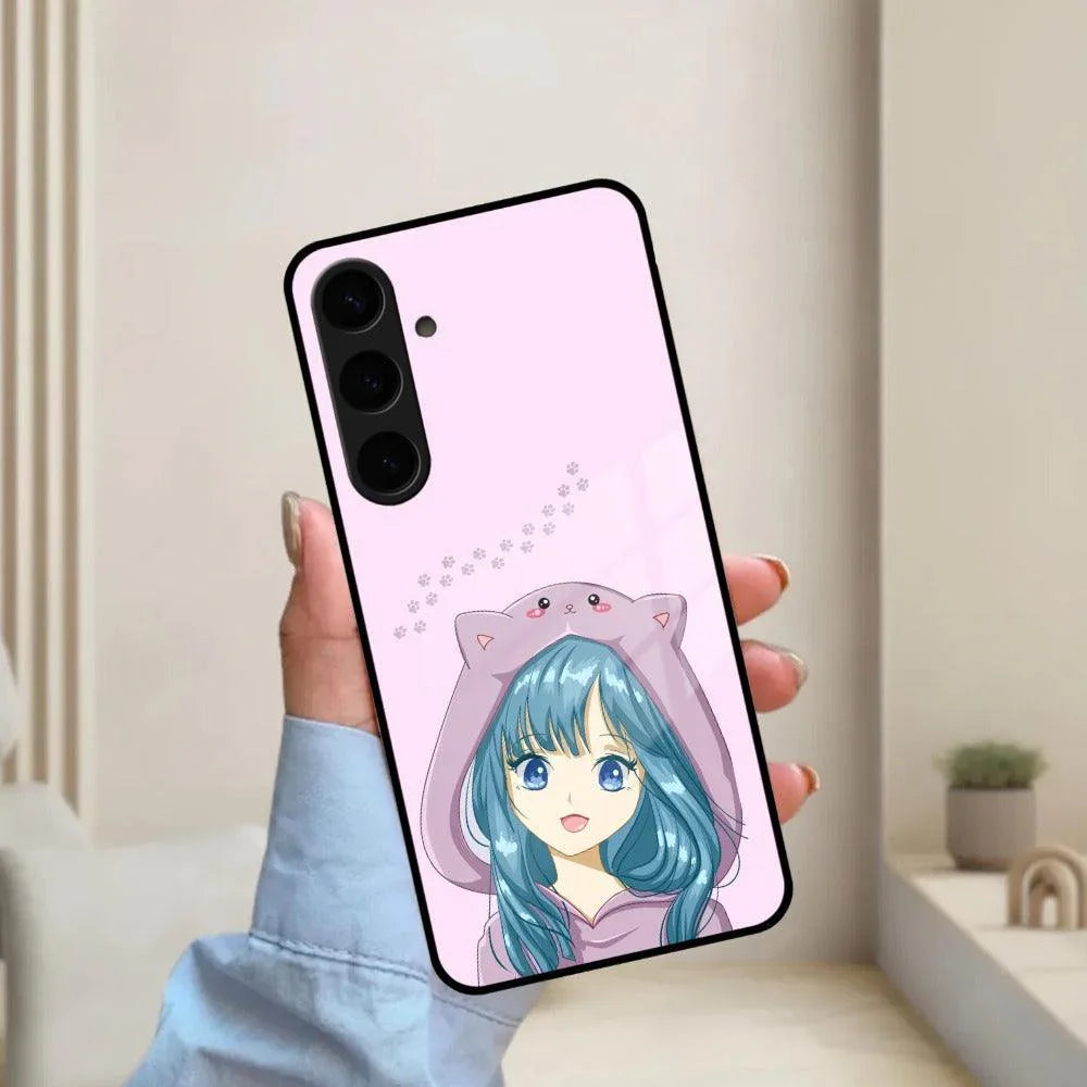 Purple Aesthetic Girl With Cat Phone Glass Case Cover For Samsung - ShopOnCliQ