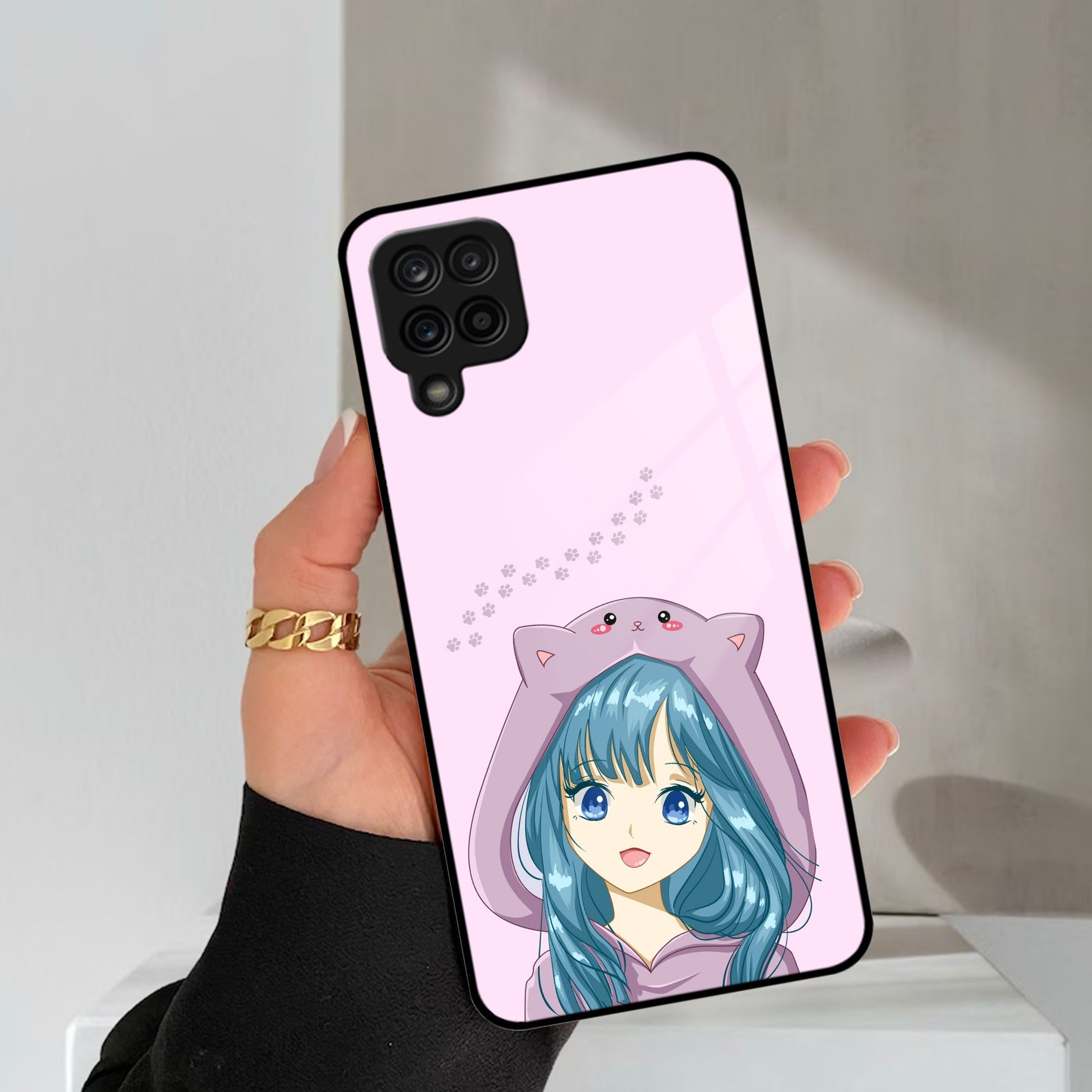 Purple Aesthetic Girl With Cat Phone Glass Case Cover For Samsung Galaxy M42 5G