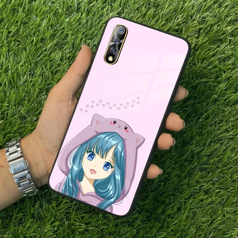 Purple Aesthetic Girl With Cat Phone Glass Case Cover For Vivo - ShopOnCliQ
