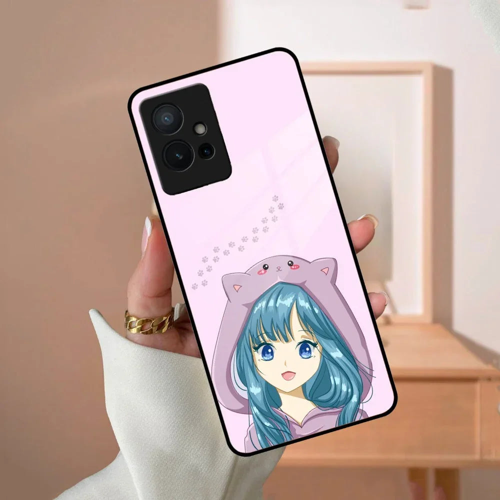 Purple Aesthetic Girl With Cat Phone Glass Case Cover For Vivo - ShopOnCliQ