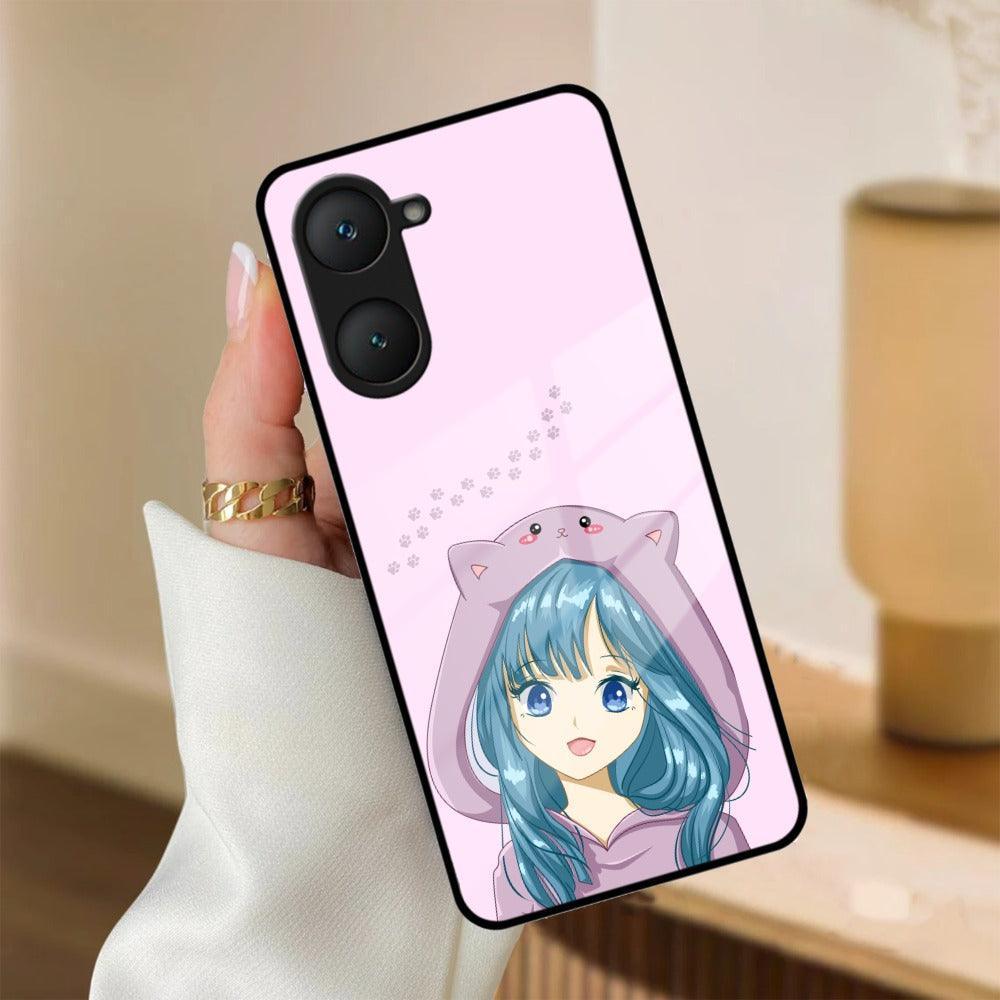 Purple Aesthetic Girl With Cat Phone Glass Case Cover For iQOO - ShopOnCliQ