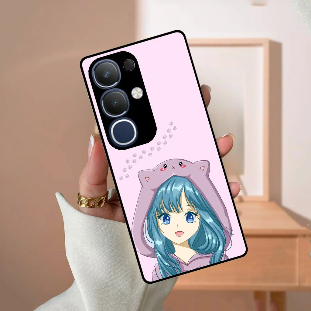 Purple Aesthetic Girl With Cat Phone Glass Case Cover For Vivo - ShopOnCliQ