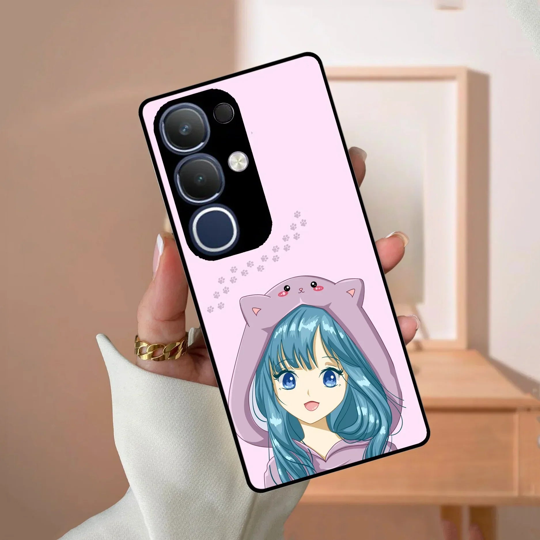 Purple Aesthetic Girl With Cat Phone Glass Case Cover For Vivo - ShopOnCliQ