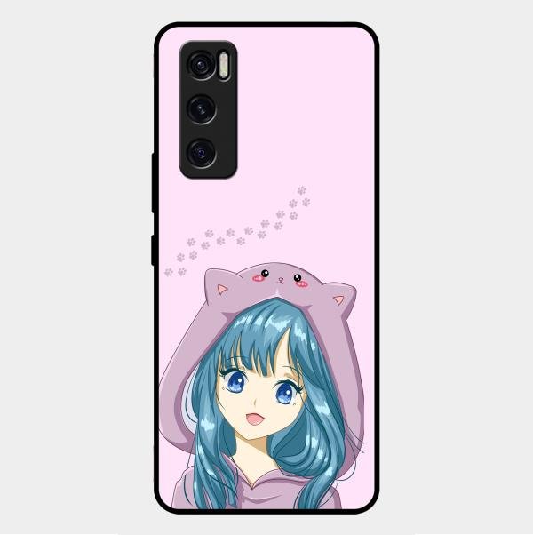 Purple Aesthetic Girl With Cat Phone Glass Case Cover For Vivo V20 Se