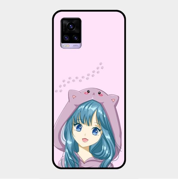 Purple Aesthetic Girl With Cat Phone Glass Case Cover For Vivo V20
