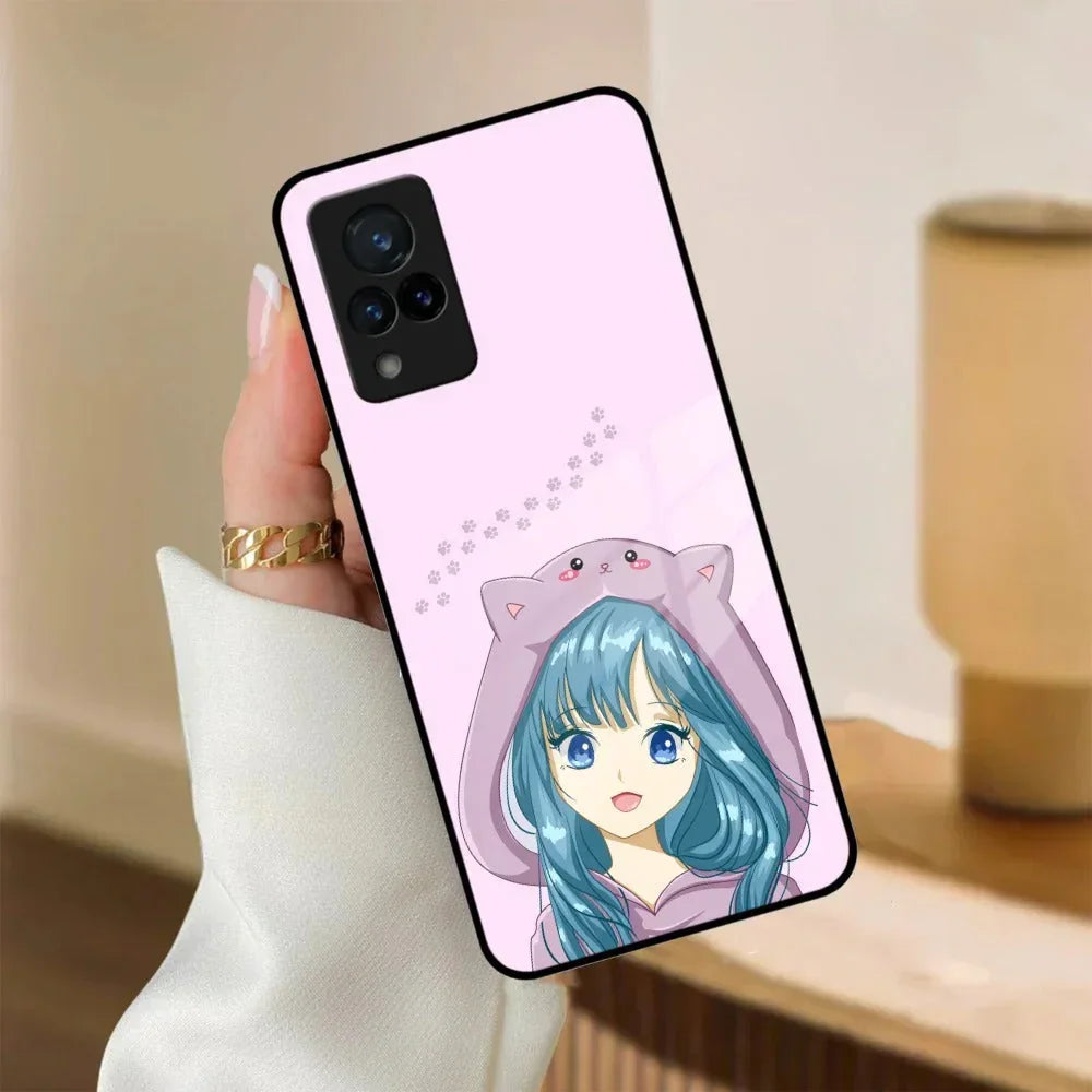 Purple Aesthetic Girl With Cat Phone Glass Case Cover For Vivo - ShopOnCliQ