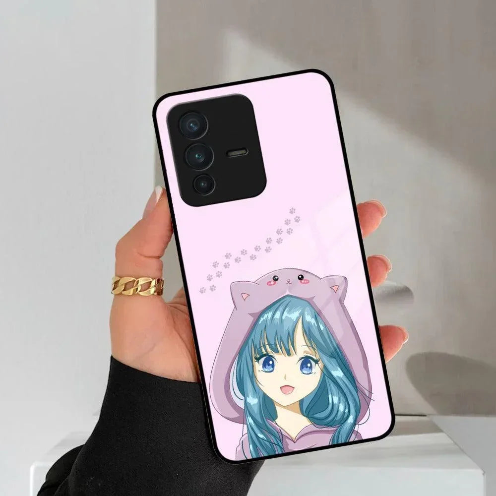 Purple Aesthetic Girl With Cat Phone Glass Case Cover For Vivo - ShopOnCliQ