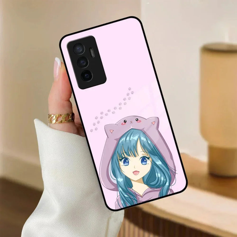 Purple Aesthetic Girl With Cat Phone Glass Case Cover For Vivo - ShopOnCliQ