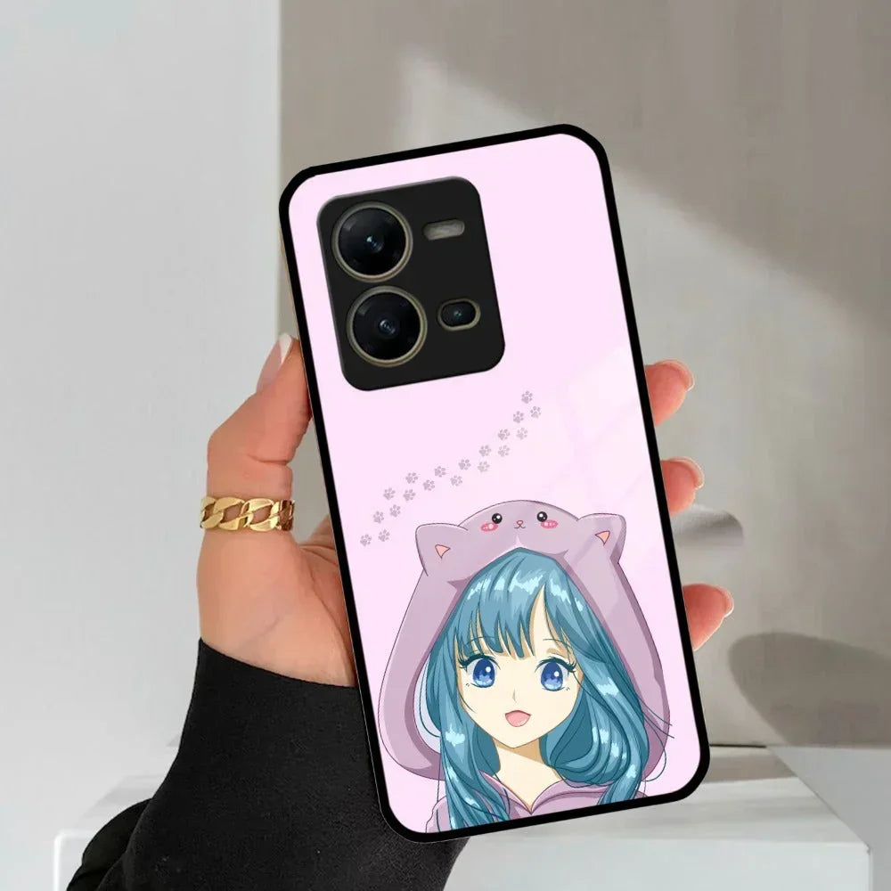 Purple Aesthetic Girl With Cat Phone Glass Case Cover For Vivo - ShopOnCliQ