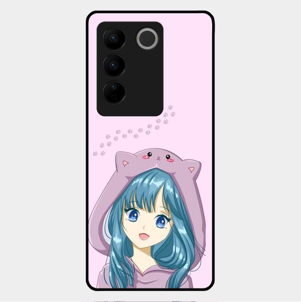 Purple Aesthetic Girl With Cat Phone Glass Case Cover For Vivo V27 Pro 5G