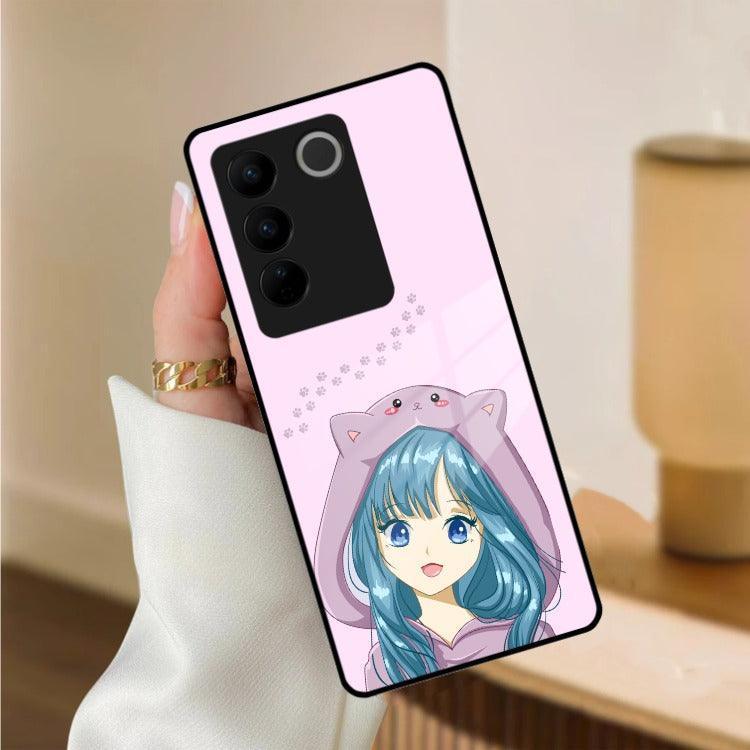 Purple Aesthetic Girl With Cat Phone Glass Case Cover For Vivo - ShopOnCliQ