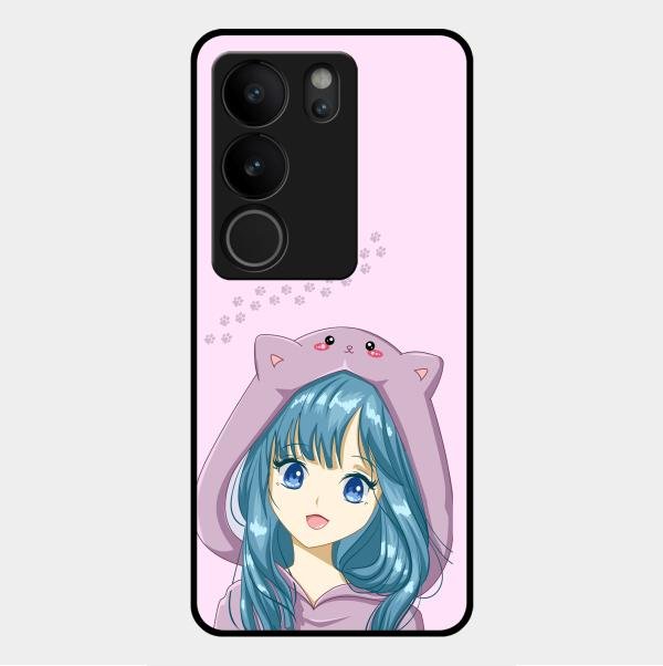 Purple Aesthetic Girl With Cat Phone Glass Case Cover For Vivo V29 Pro 5G